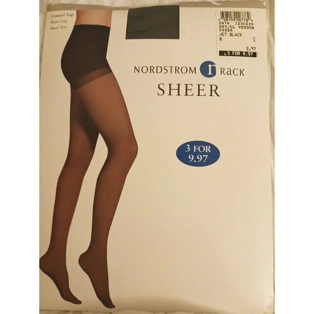 Nordstrom Rack Control Top Sheer Leg Toe Pantyhose JET BLACK Sz‎ B Vntg New Pckg